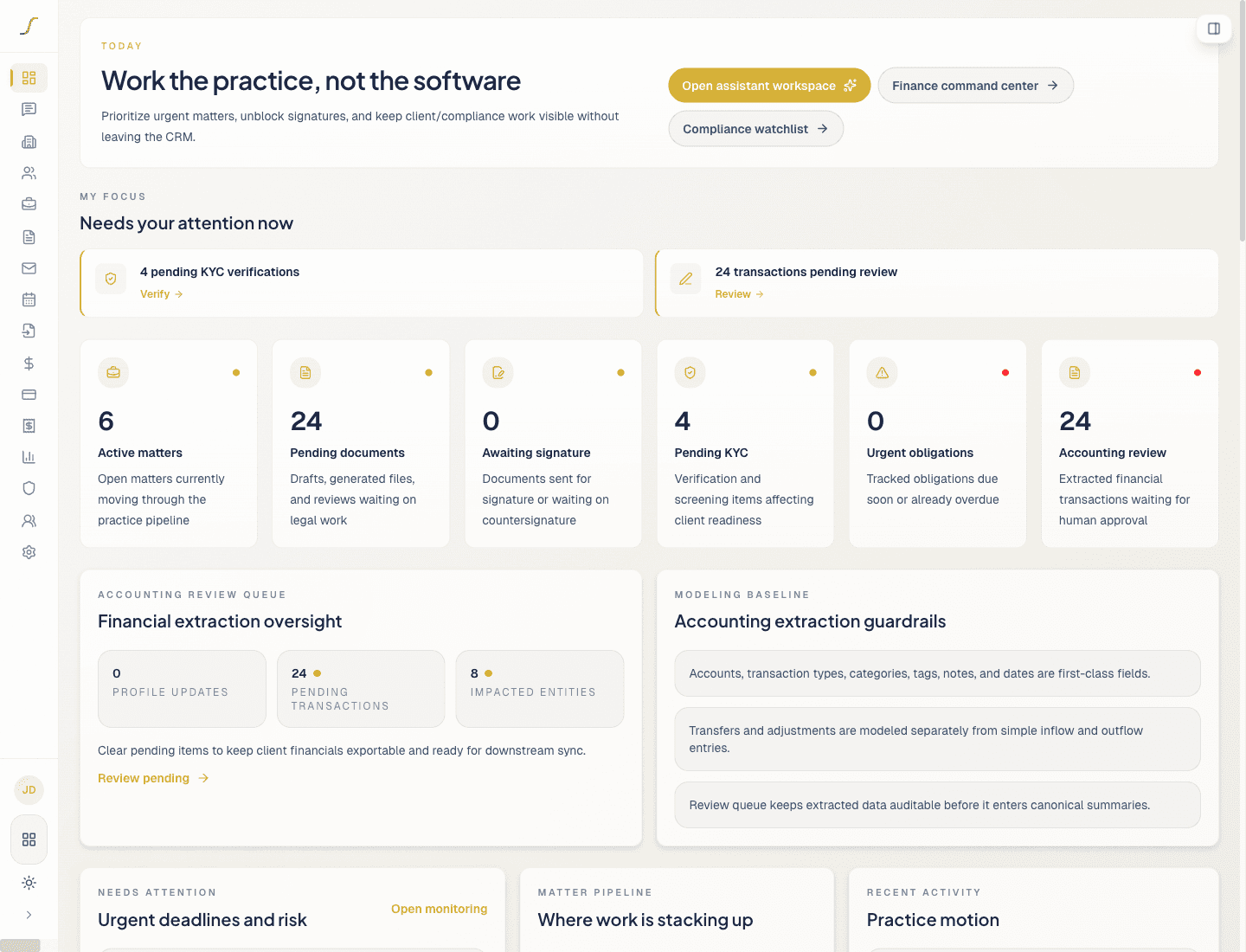 Misolla CRM — practice dashboard with attention queue