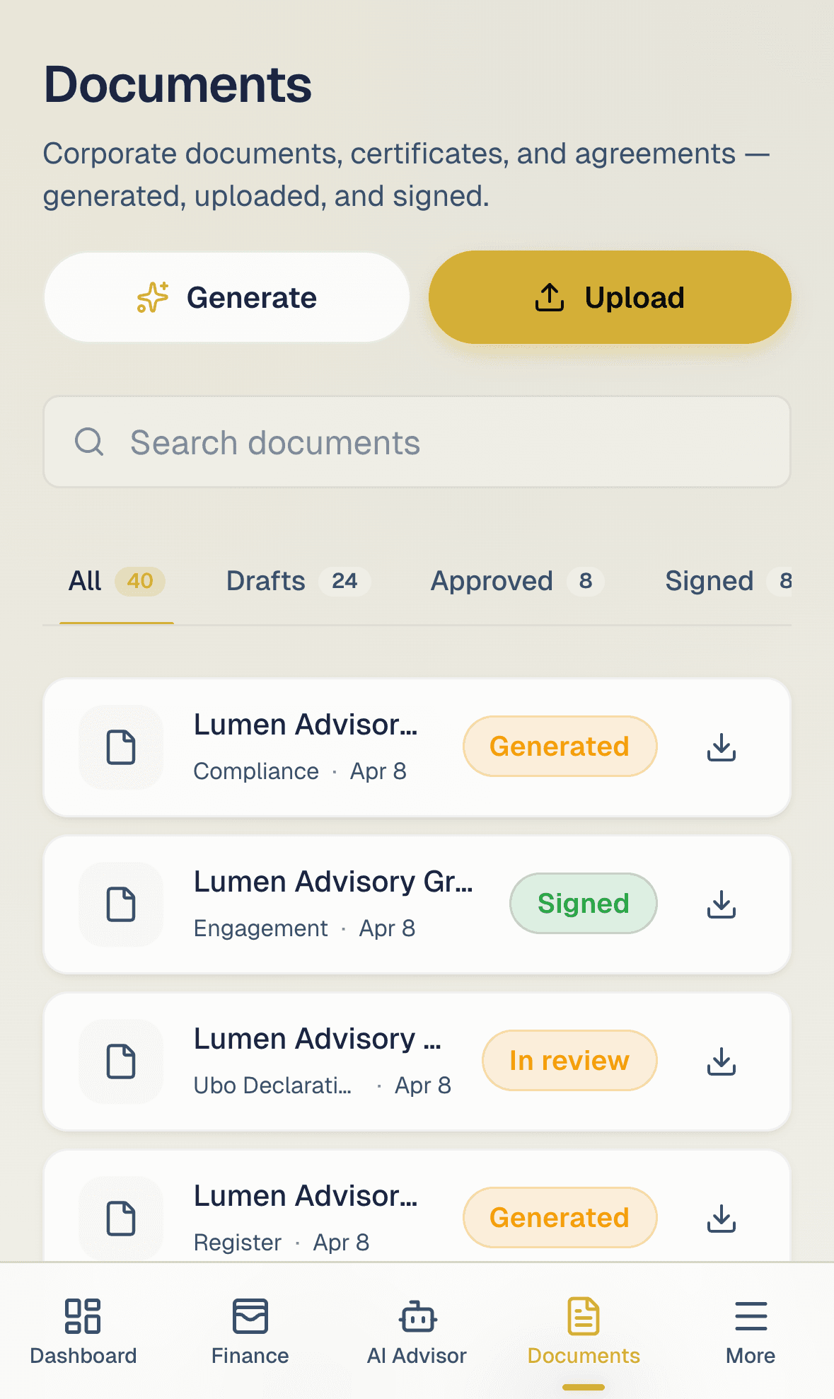 Founder documents list with drafts, reviews, and signed status
