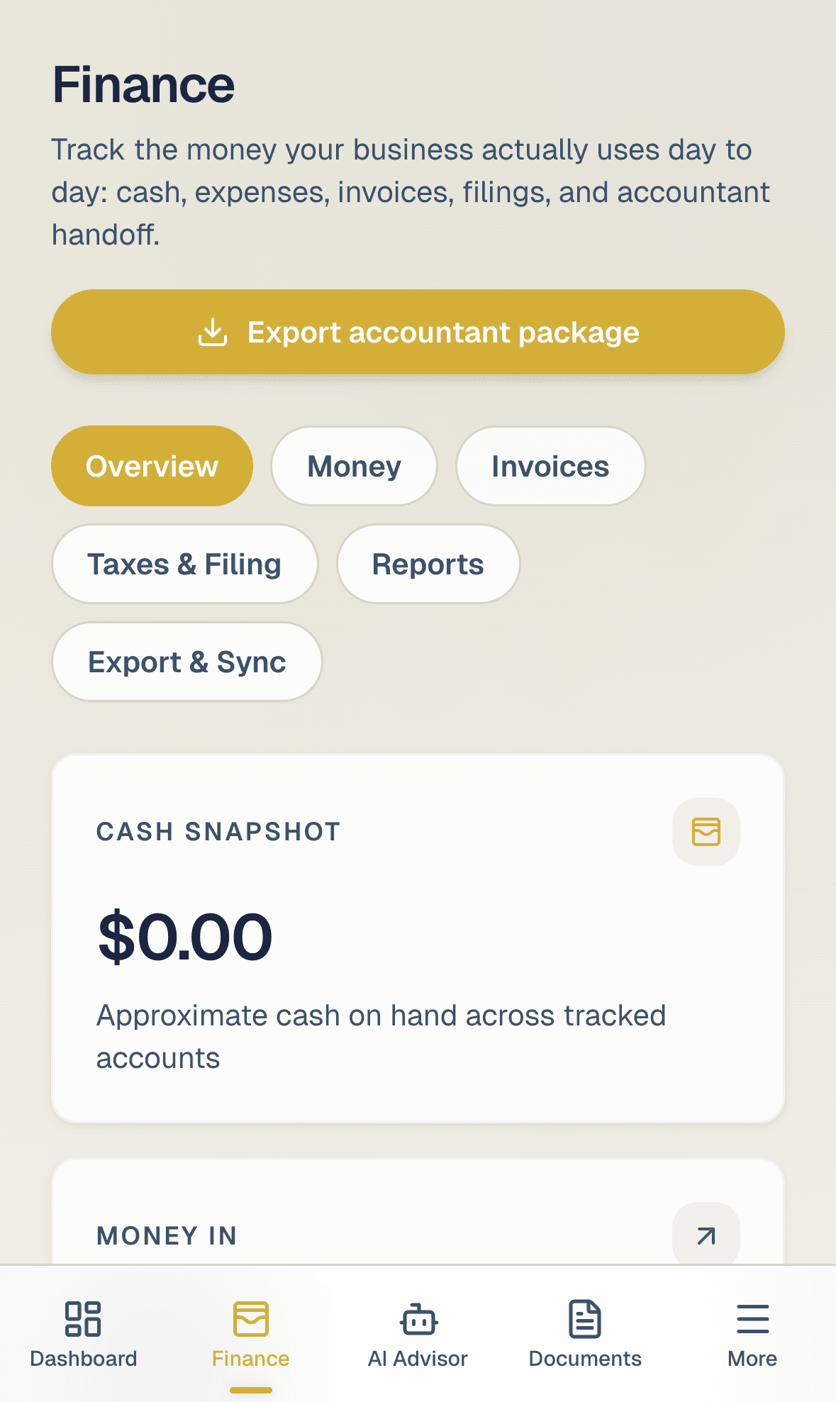 Founder finance view with cash snapshot and money in / money out