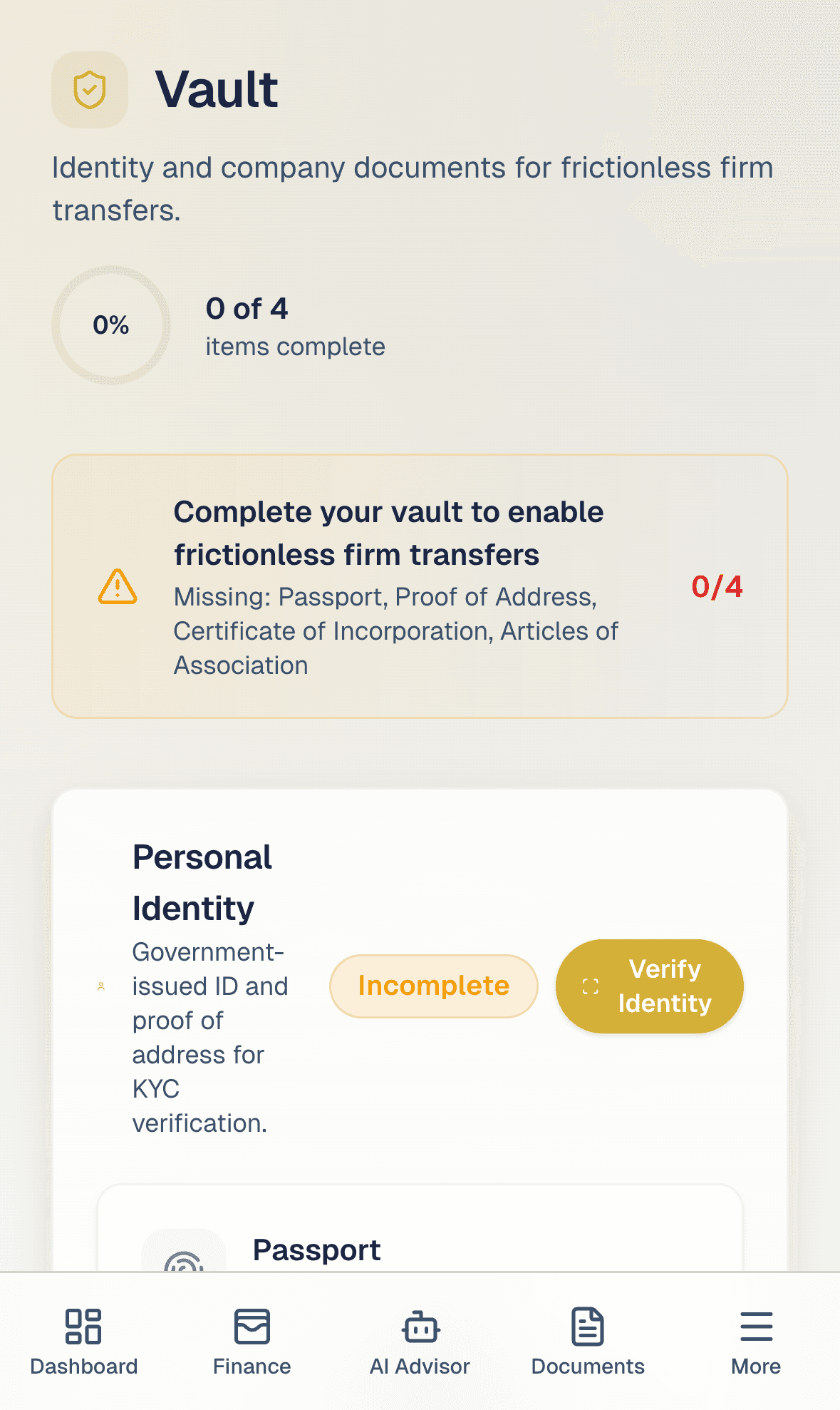 Founder vault with KYC, addresses, certificates, and POA documents